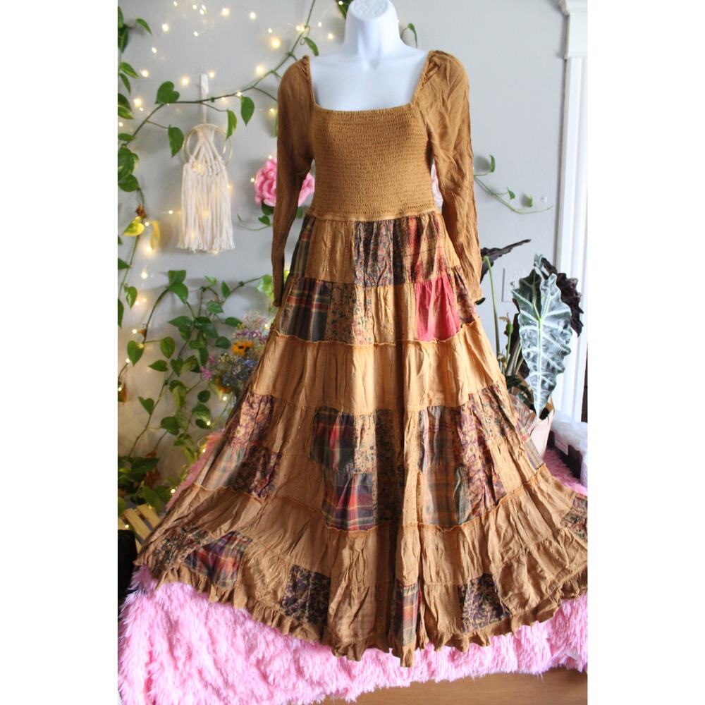 Young Threads Camel Patchwork Smocked Tiered Maxi Dress Size S NWT Boho - Picture 8 of 11